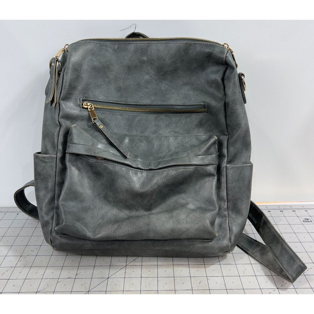 Modern+Chic Gray Vegan Leather Backpack Purse Gold Zippers & Adjustable Straps